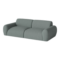 Soft gray two-seater sofa with rounded arms and modern upholstery, perfect for contemporary living spaces.