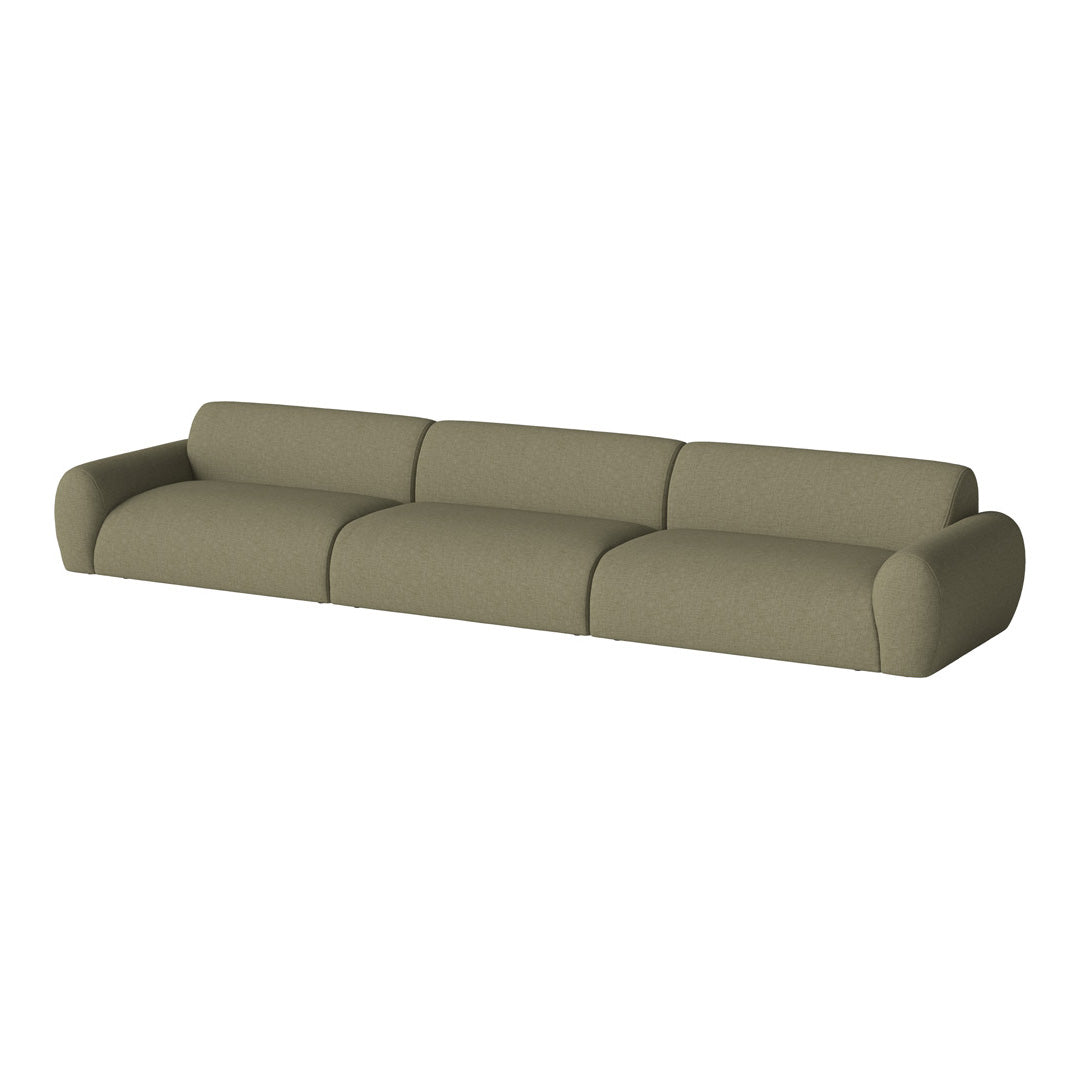 Olive green modern sofa with smooth, curved upholstery and minimalist design against a white background.