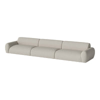 Light beige modern sofa with a smooth, textured fabric featuring a minimalist design and soft, rounded edges.