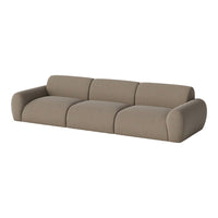 Sofa in warm taupe color with a subtle textured pattern, featuring rounded arms and a sleek modern design.