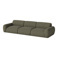 Olive green sofa with a textured, ribbed pattern. Modern curved design for a stylish living space.
