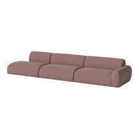 "Modern 3-seater sofa in soft mauve fabric with subtle texture, featuring minimalistic curved edges."