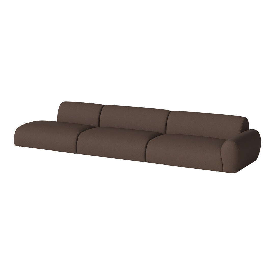 Brown modular sofa with a smooth, seamless design and soft, textured fabric for a contemporary look.
