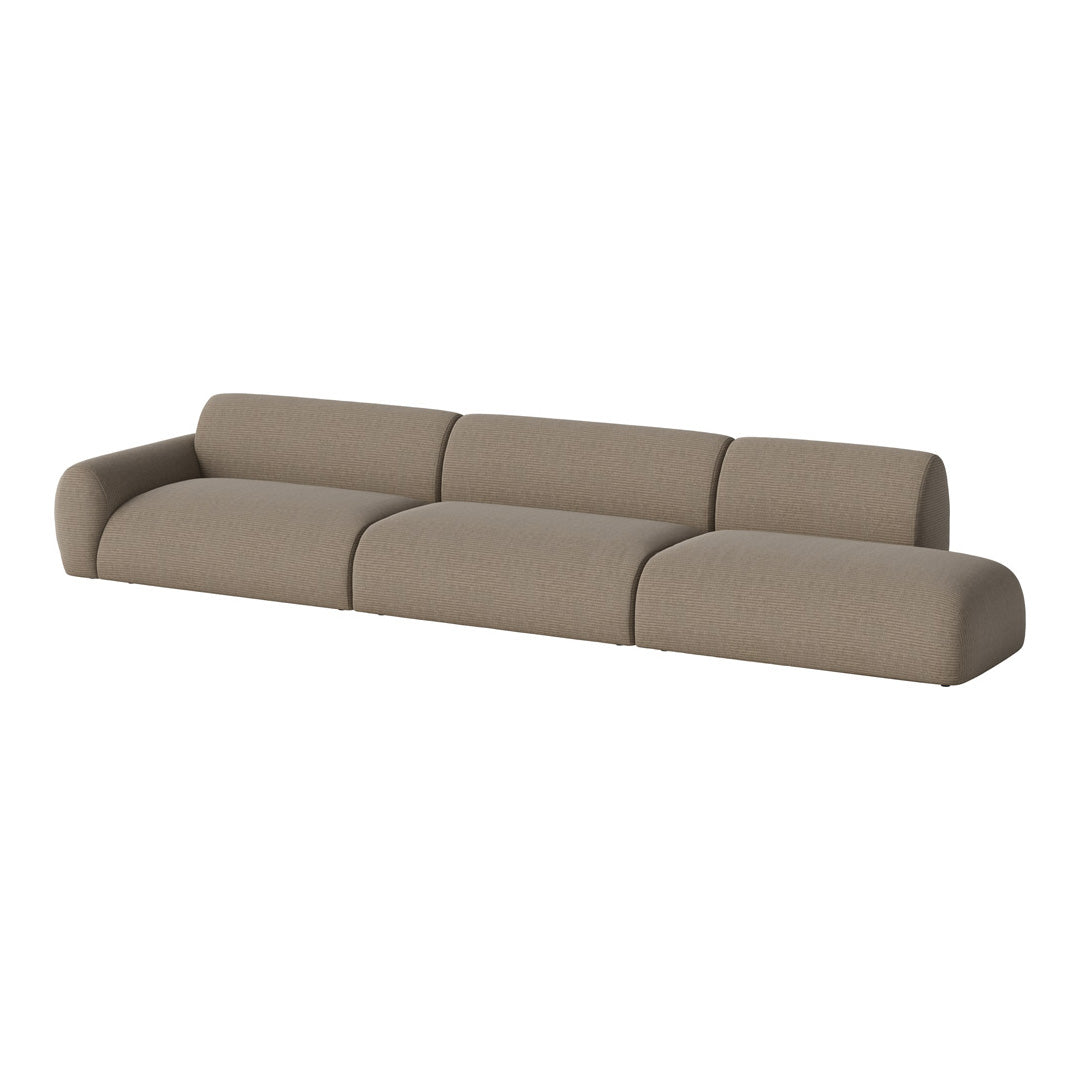 Contemporary beige sectional sofa with smooth curves and textured fabric, perfect for modern living spaces.