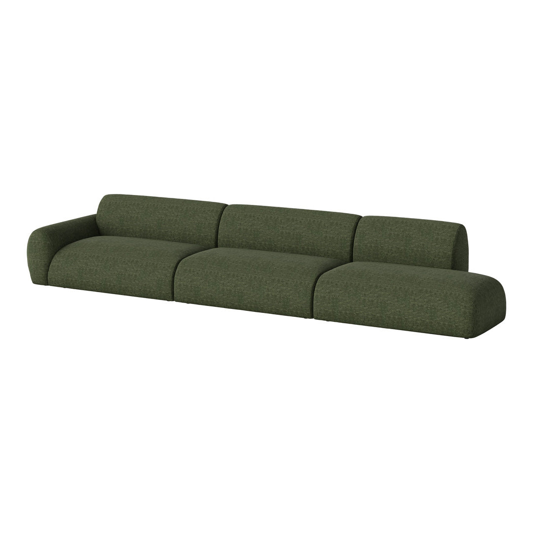Sleek dark green sofa with a textured fabric, featuring subtle vertical stripes across a contemporary design.