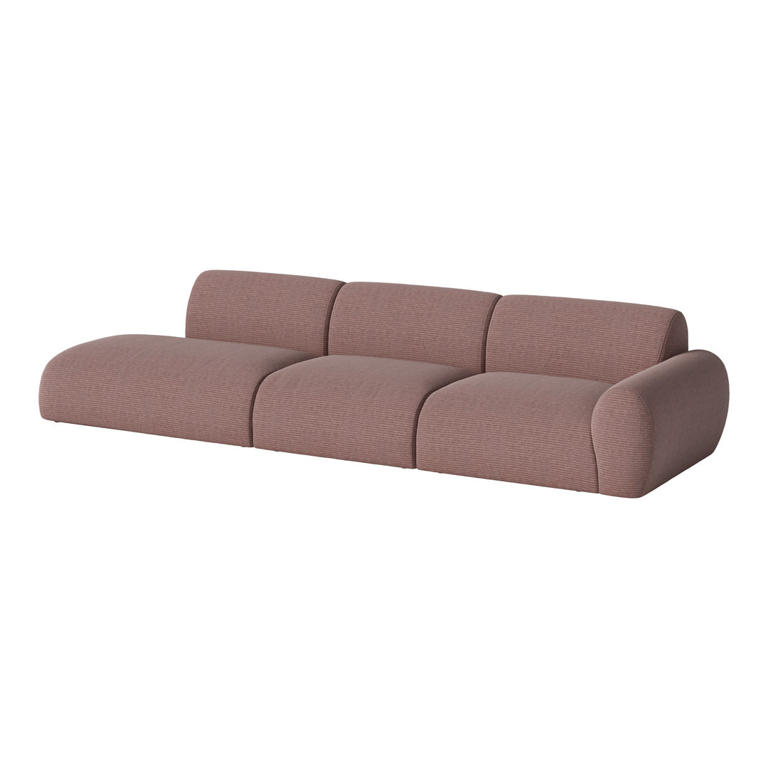 Modern three-seat sofa in a soft, muted blush color with a subtle textured pattern.