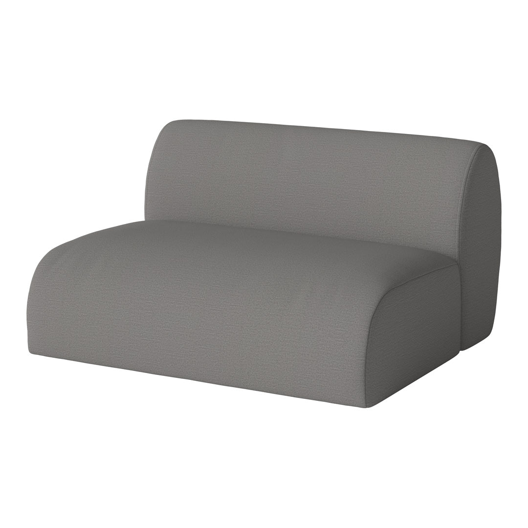 Soft gray upholstered modular sofa with a smooth texture and contemporary curved design.