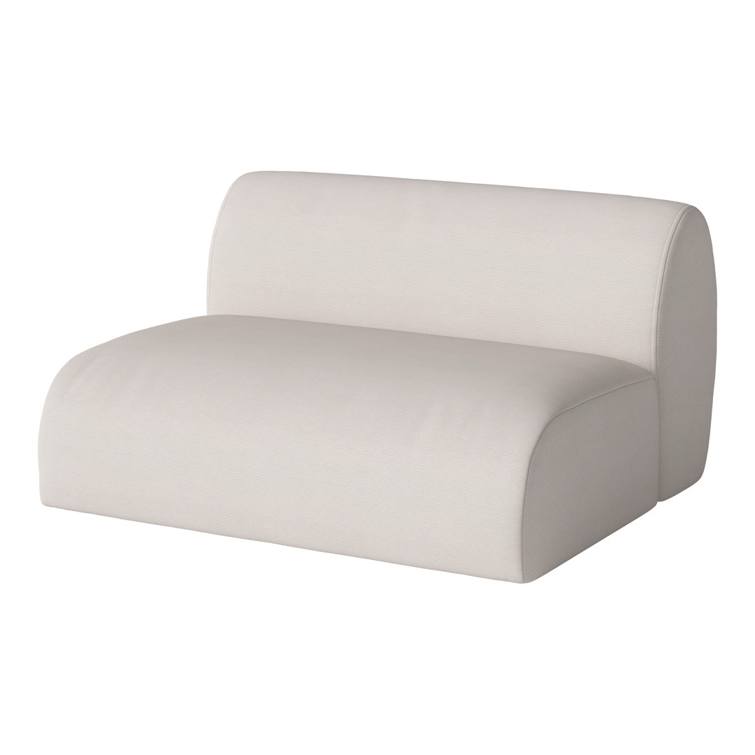 Minimalist beige sofa with smooth, textured upholstery and rounded edges, perfect for modern home decor.