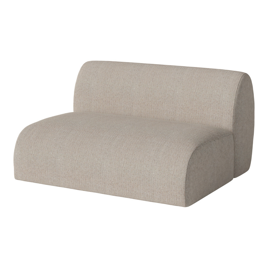 Beige curved lounge chair with a soft textured fabric pattern, perfect for modern decor.