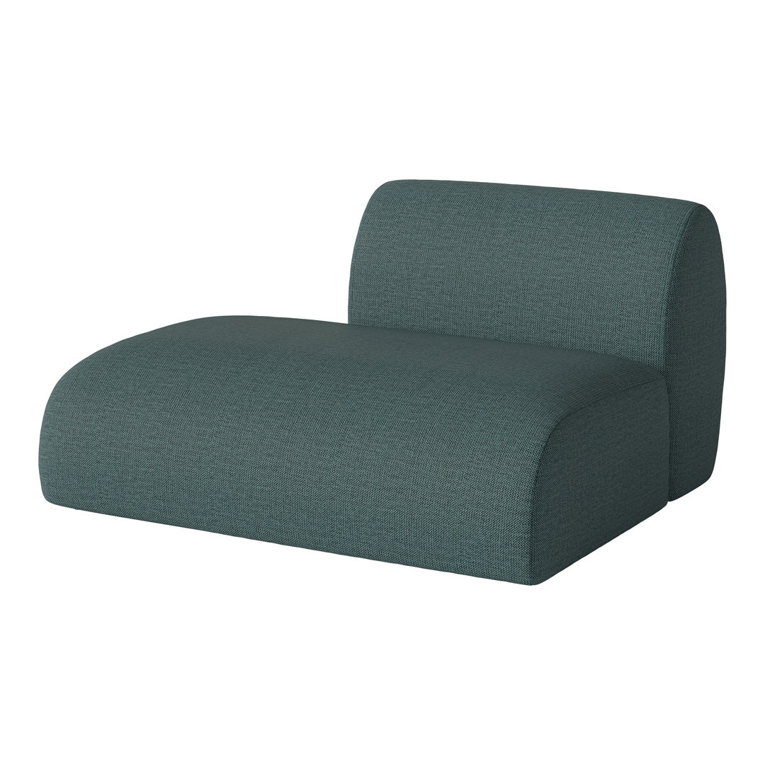 Stylish modern chaise lounge in a rich teal fabric with a subtle textured pattern. Perfect for contemporary decor.