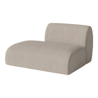 Beige upholstered chaise lounge with a smooth, textured finish and rounded edges. Ideal for modern interiors.