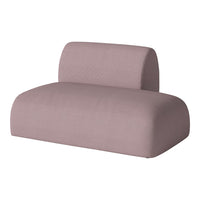 Soft pink upholstered loveseat with a smooth, minimalist design and subtle textured pattern. Perfect for modern decor.