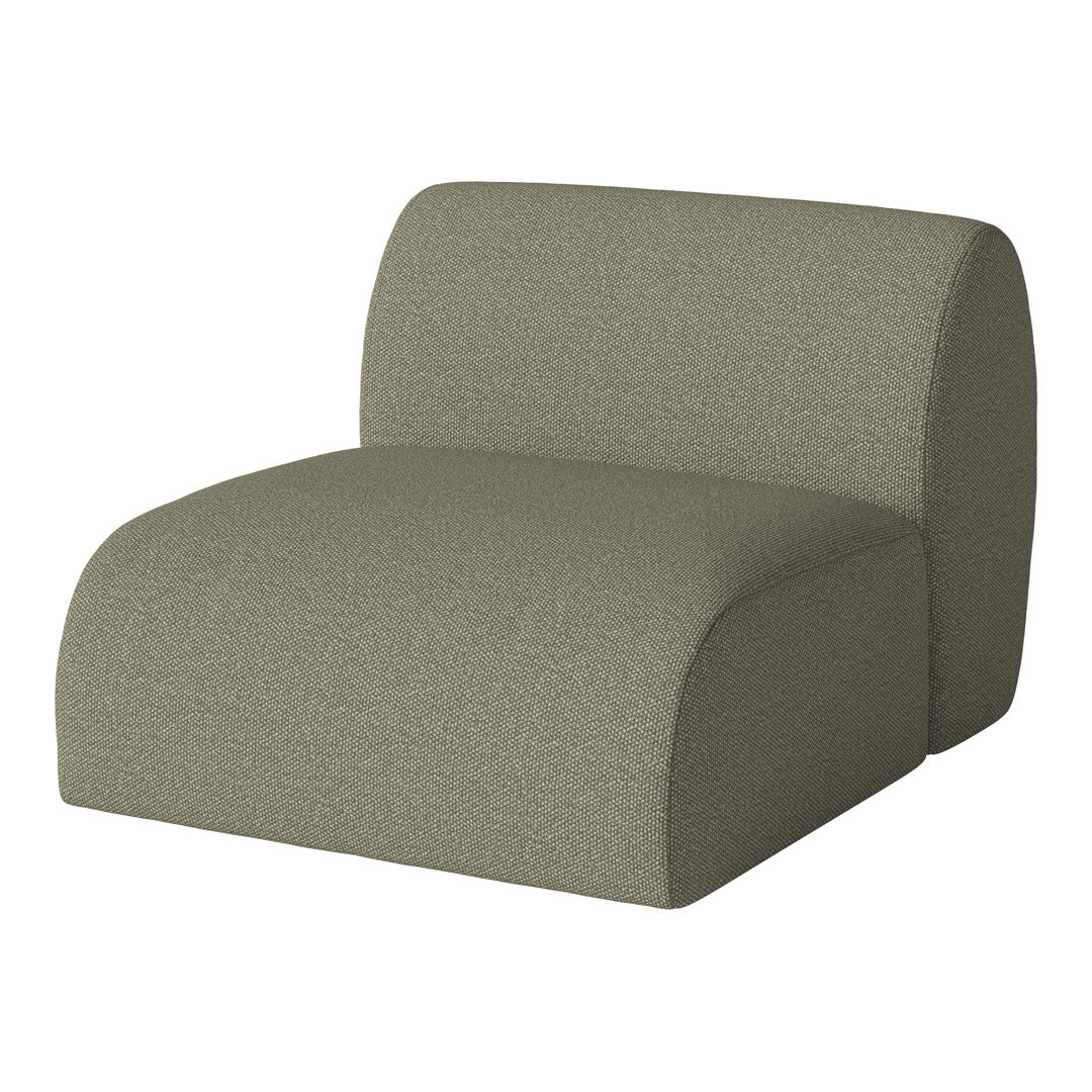 "Textured olive green armchair in a modern, minimalist design with soft, rounded edges."