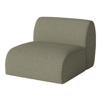 "Textured olive green armchair in a modern, minimalist design with soft, rounded edges."