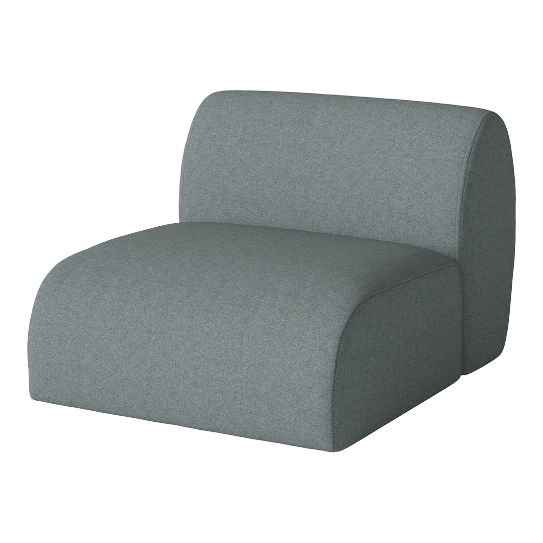 Soft grey upholstered chair with a smooth, modern design, featuring subtle texture and rounded edges.