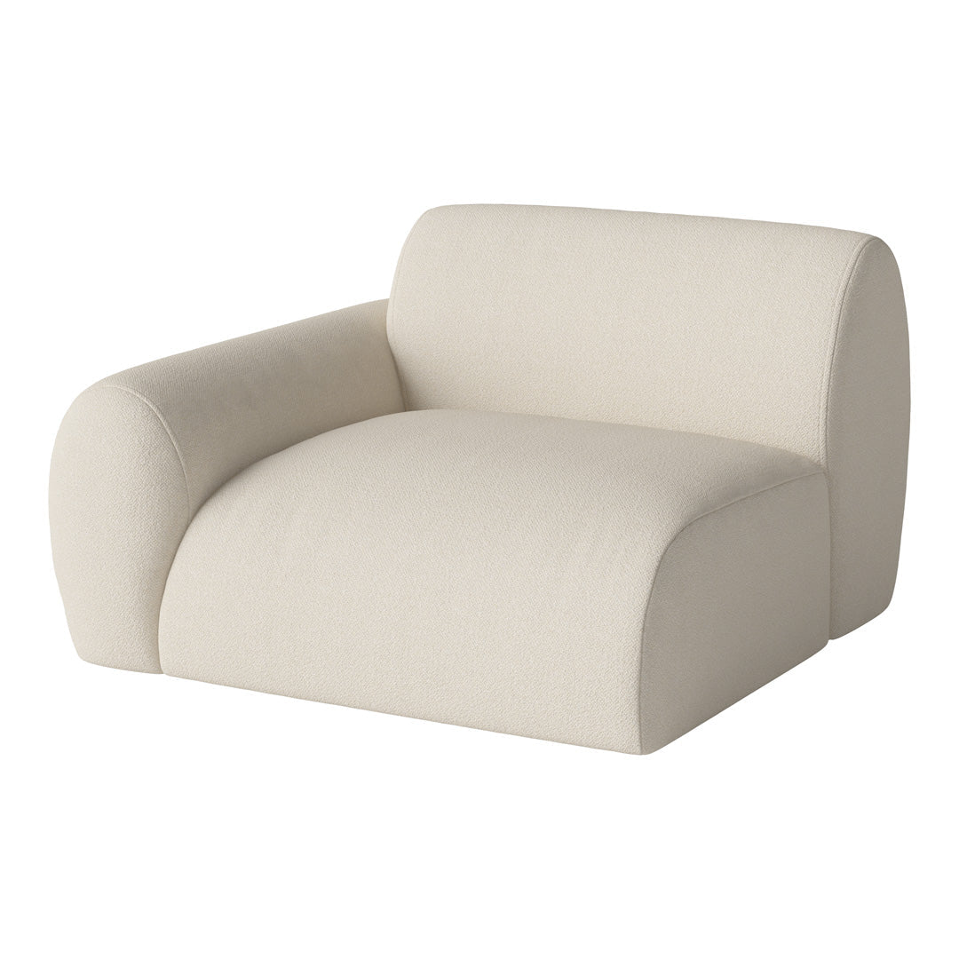 Beige modern armchair with a textured fabric and rounded shapes, perfect for contemporary decor.