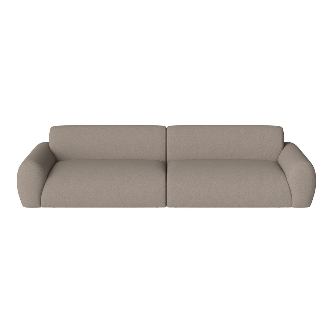 Beige, textured fabric sofa with smooth curves and modern design, perfect for contemporary living spaces.