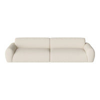 Creamy white fabric sofa with a sleek, minimalist design and rounded arms, perfect for modern decor.
