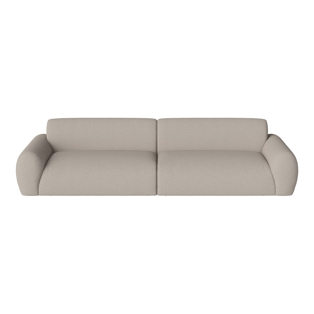 Beige two-seater sofa with a smooth, textured fabric and rounded arms, perfect for modern interiors.