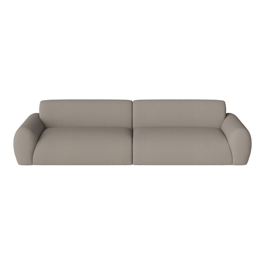 Beige minimalist sofa with soft, rounded arms and smooth texture, perfect for modern interiors.