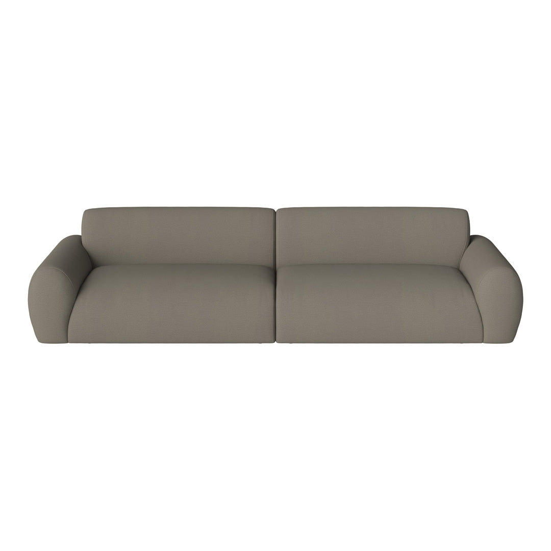 Taupe two-seater sofa with smooth, solid fabric and rounded arms, perfect for modern living spaces.