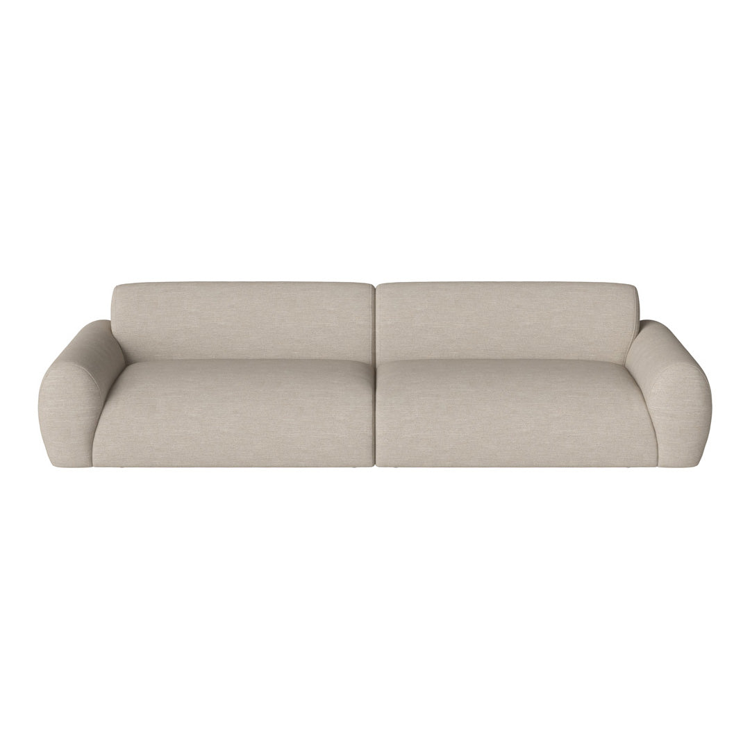 Light beige, textured fabric sofa with a minimalist design and soft, rounded armrests. Ideal for modern interiors.