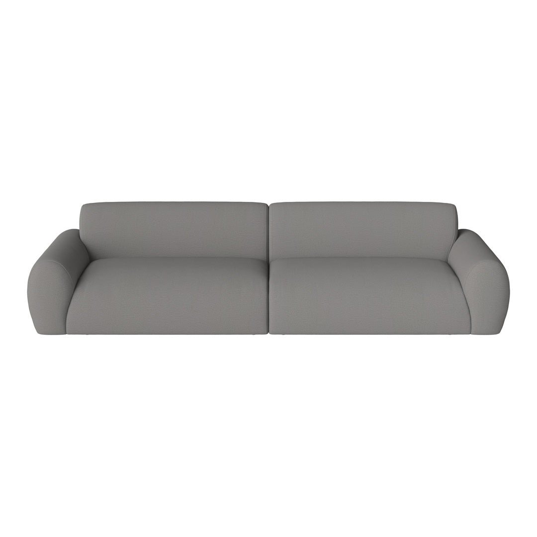 Modern gray sofa with a smooth fabric texture and rounded arms, perfect for minimalist decor.