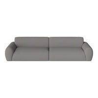 Modern gray sofa with a smooth fabric texture and rounded arms, perfect for minimalist decor.