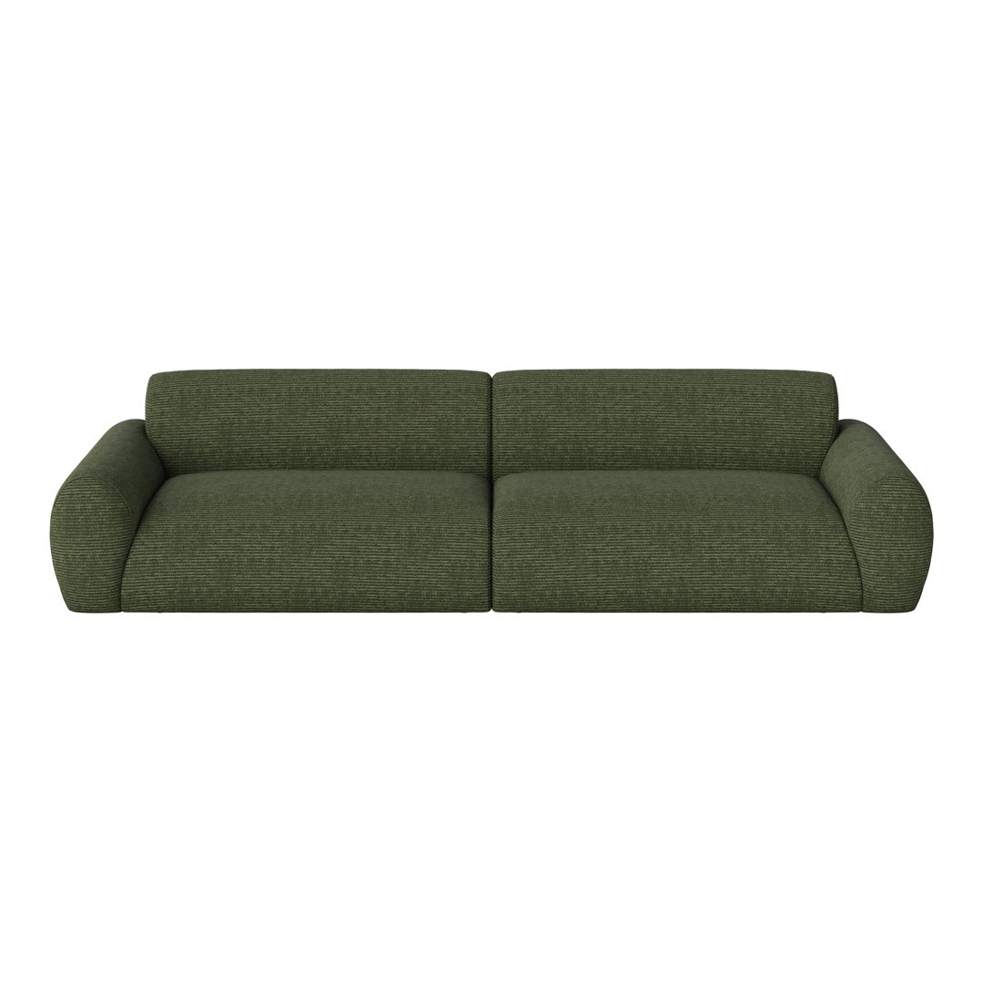 Green striped sofa with a modern, minimalist design, featuring soft, rounded arms and a textured fabric.
