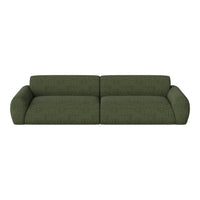 Green striped sofa with a modern, minimalist design, featuring soft, rounded arms and a textured fabric.