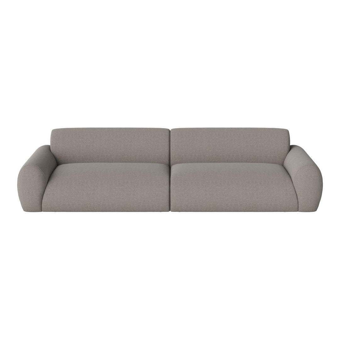 Textured gray fabric sofa with subtle lines, featuring modern design and rounded armrests for a cozy aesthetic.