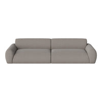 Textured gray fabric sofa with subtle lines, featuring modern design and rounded armrests for a cozy aesthetic.