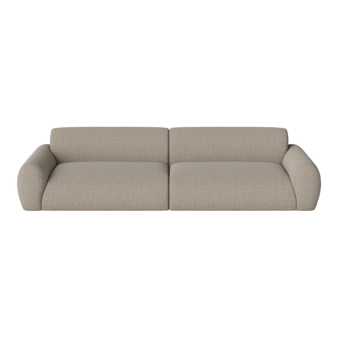 Beige upholstered sofa with subtle textured pattern and rounded armrests, perfect for modern living spaces.