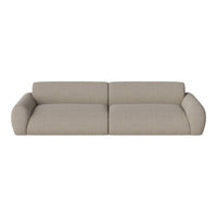 Beige upholstered sofa with subtle textured pattern and rounded armrests, perfect for modern living spaces.