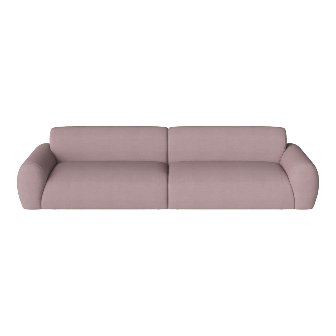 Soft pink fabric sofa with smooth, minimalist design and rounded armrests. Perfect for modern living spaces.
