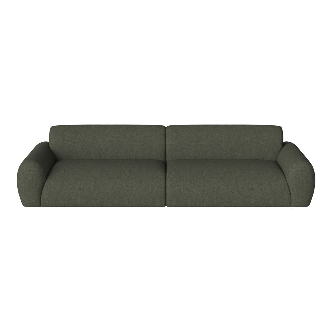 Green fabric sofa with a textured finish and modern, minimalist design. Soft, rounded arms enhance its contemporary look.