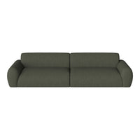 Green fabric sofa with a textured finish and modern, minimalist design. Soft, rounded arms enhance its contemporary look.