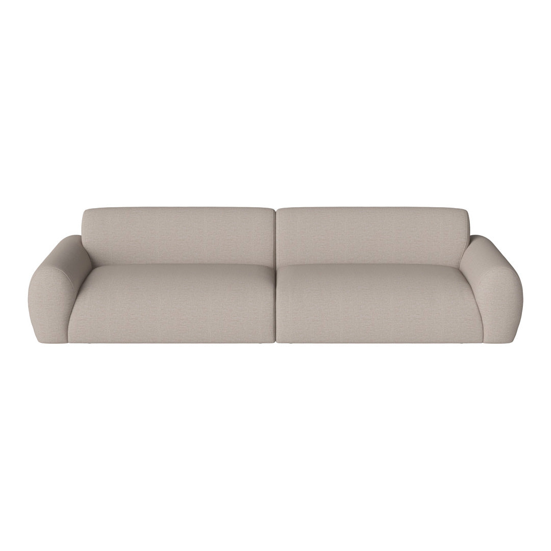 Light beige sofa with a textured fabric, featuring smooth rounded edges and an open, modern design.