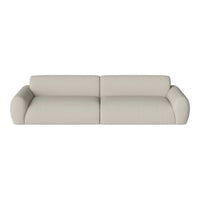 Beige sofa with a smooth, textured upholstery and rounded arms, ideal for modern living spaces.
