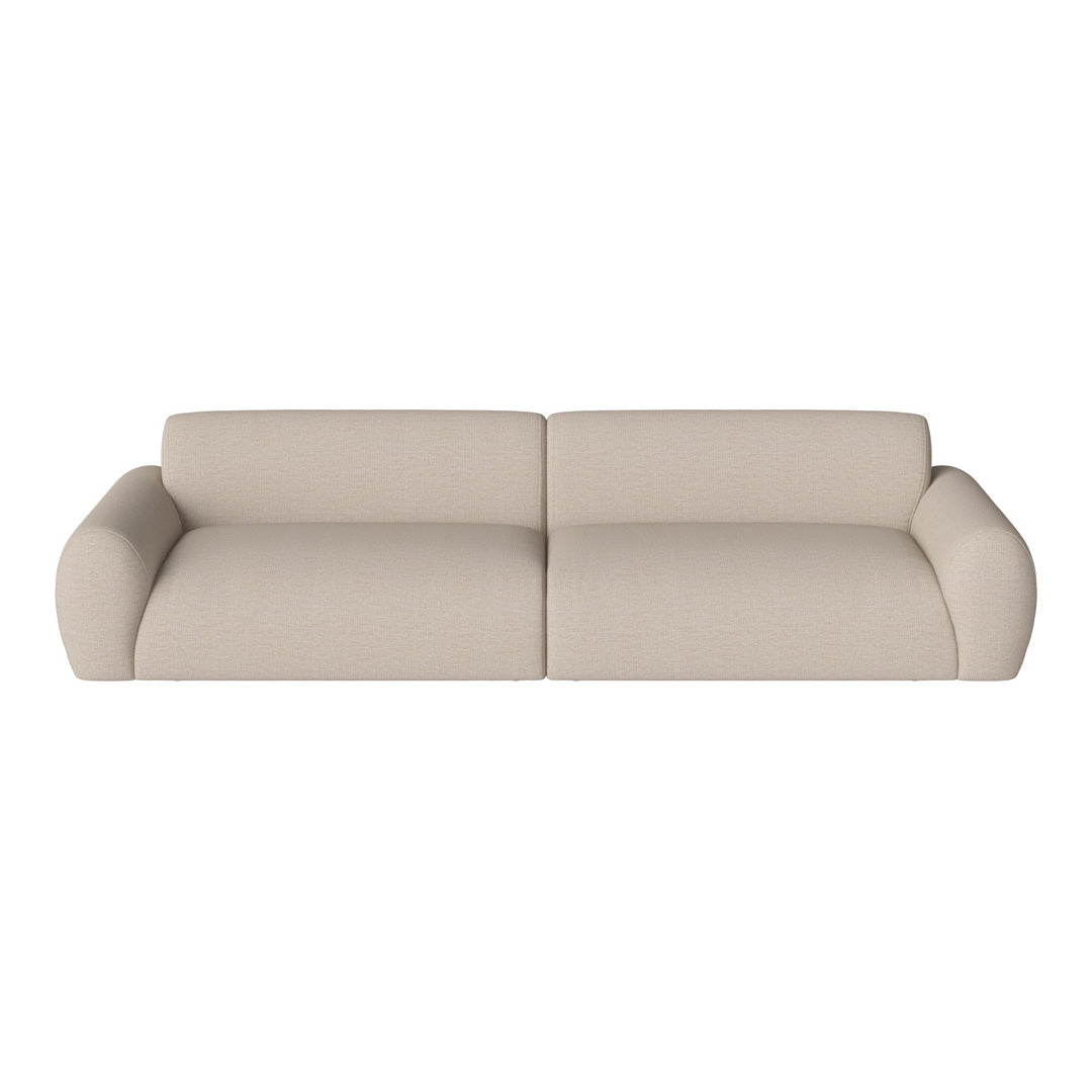 Beige sofa with a textured, neutral fabric and rounded arms, perfect for modern home décor.