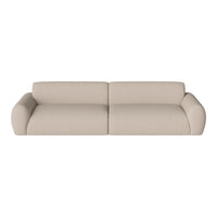 Beige sofa with a textured, neutral fabric and rounded arms, perfect for modern home décor.