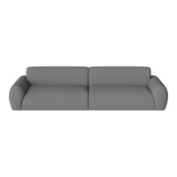 Modern two-seater sofa in a soft, textured gray fabric, featuring a minimalist design and rounded arms.