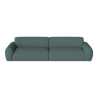 Teal sofa with subtle textured pattern, featuring modern, rounded armrests for a contemporary look.