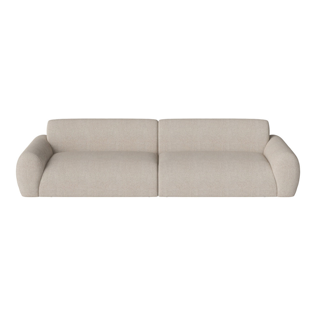 Light beige fabric sofa with a smooth, textured pattern and curved arms. Perfect for modern living spaces.