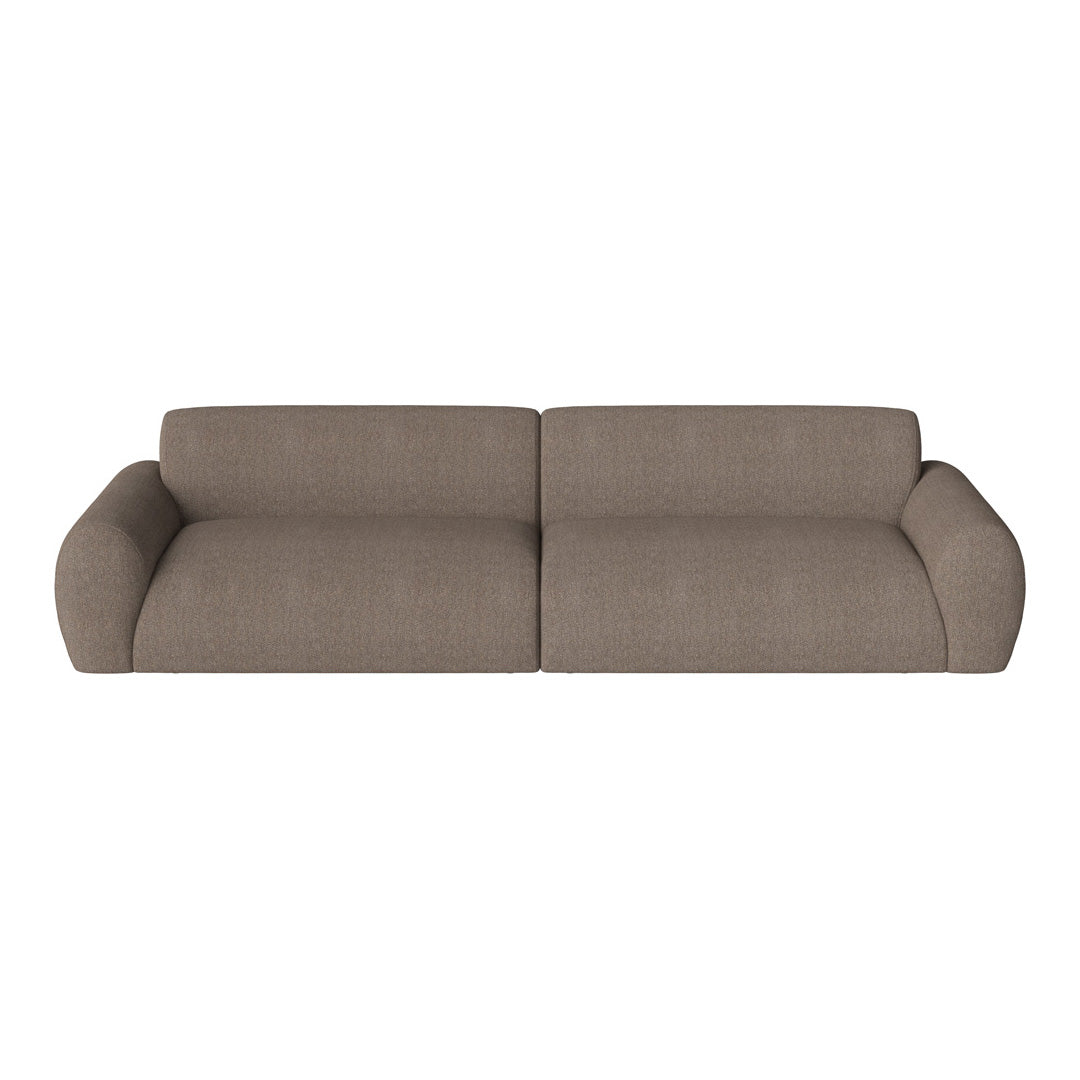Brown upholstered sofa with a smooth texture and rounded armrests. Modern design with a minimalist aesthetic.
