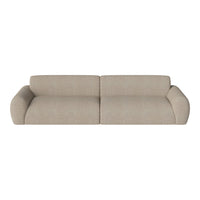 Beige sofa with a textured, soft finish and smooth, rounded arms, perfect for modern living spaces.