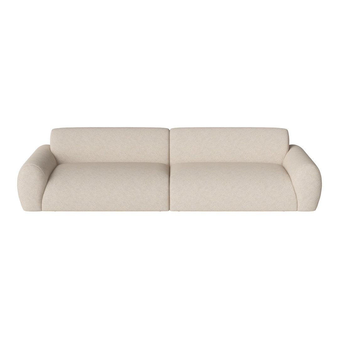 Beige two-seater sofa with a soft, textured fabric and rounded armrests, perfect for modern interiors.