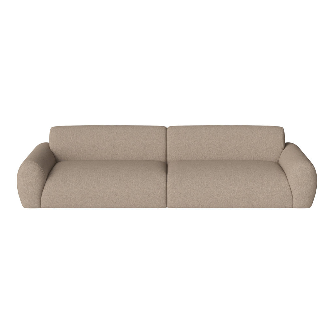 Beige two-piece sofa with a soft, textured fabric and rounded armrests, perfect for modern living spaces.