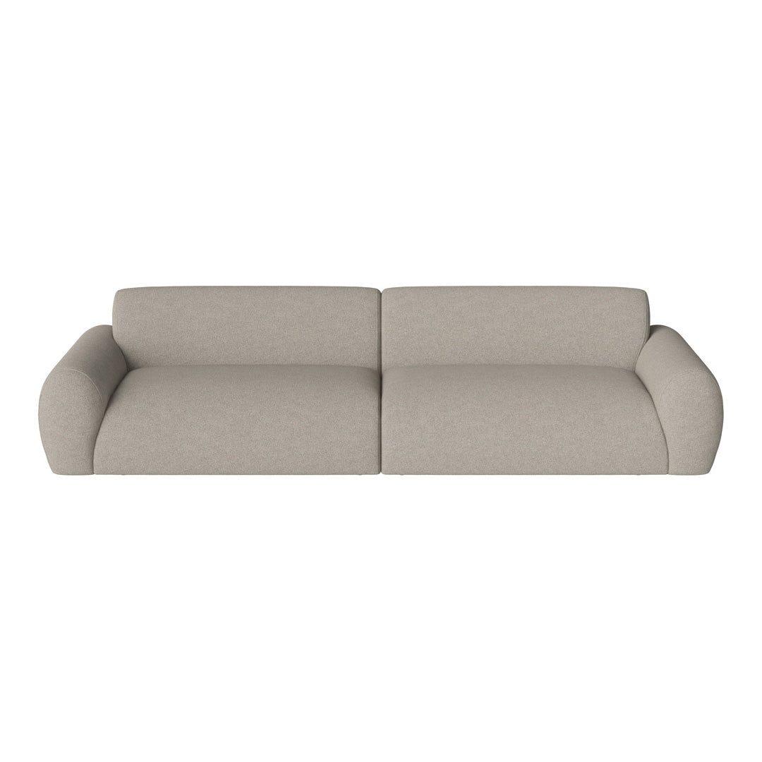 Beige modern sofa with smooth, textured fabric and round armrests, perfect for contemporary living spaces.
