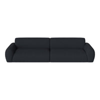 Dark gray fabric sofa with a minimalist design and smooth, rounded edges, perfect for modern living spaces.